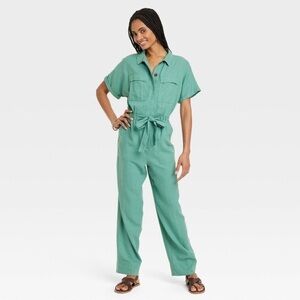 Short sleeve linen boilersuit/jumpsuit